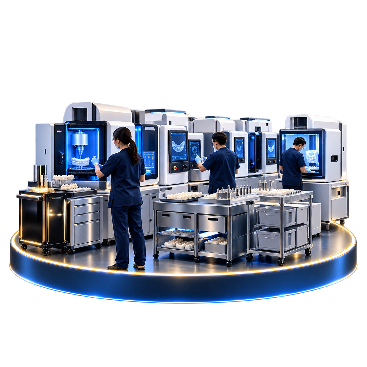 An advanced dental manufacturing facility with precision production equipment