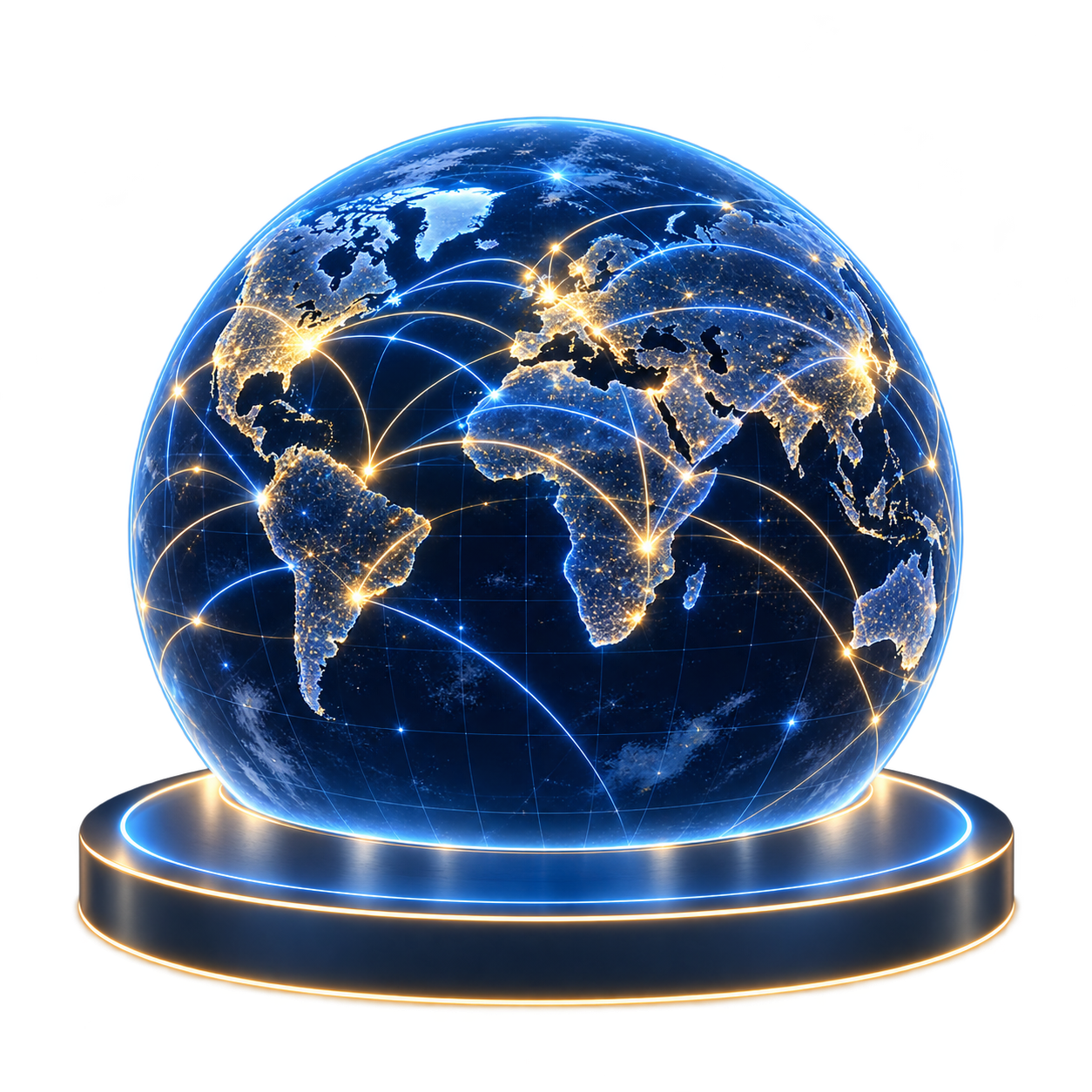 A connected globe with blue and gold data routes