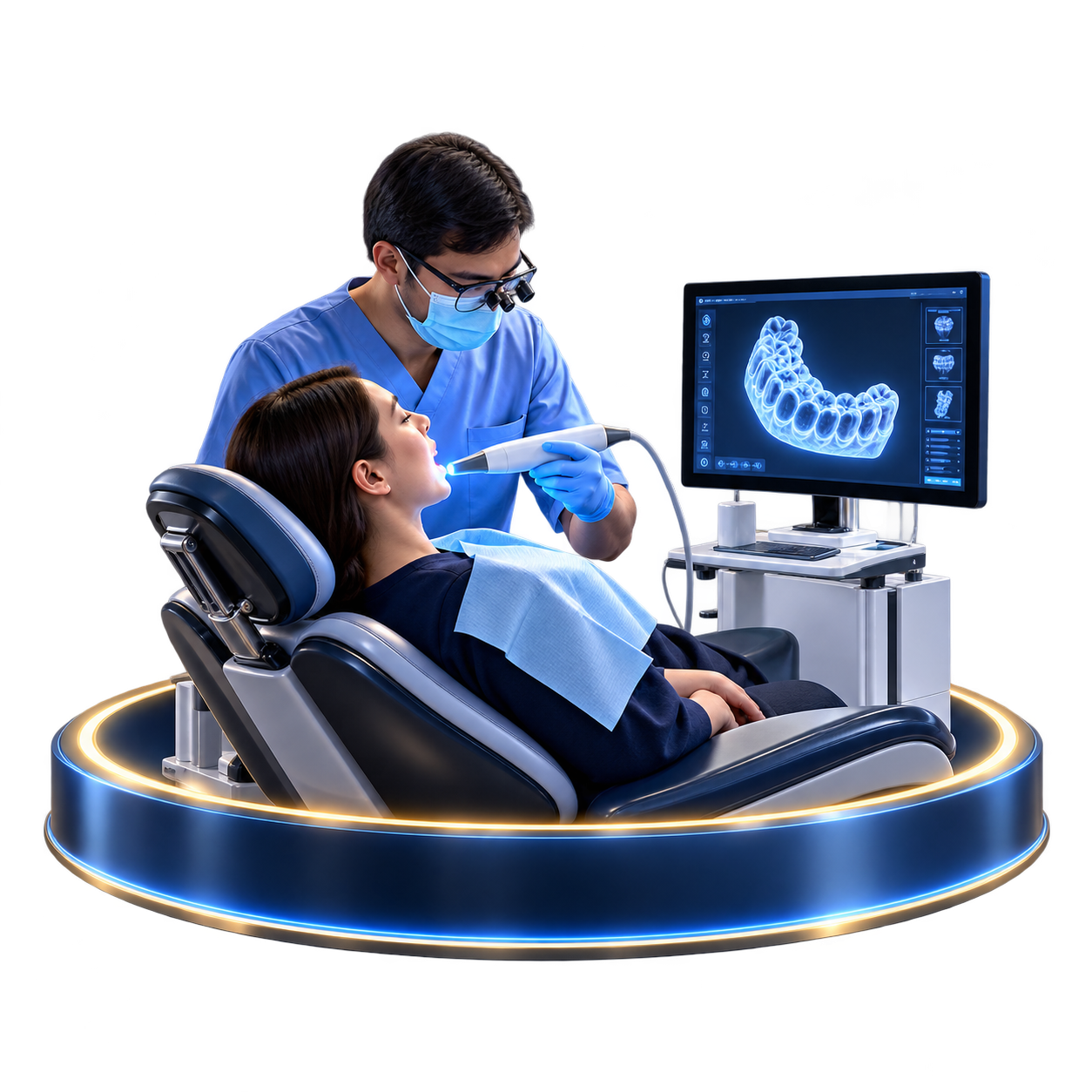 A dentist using a digital scanner with a patient beside a dental scan display