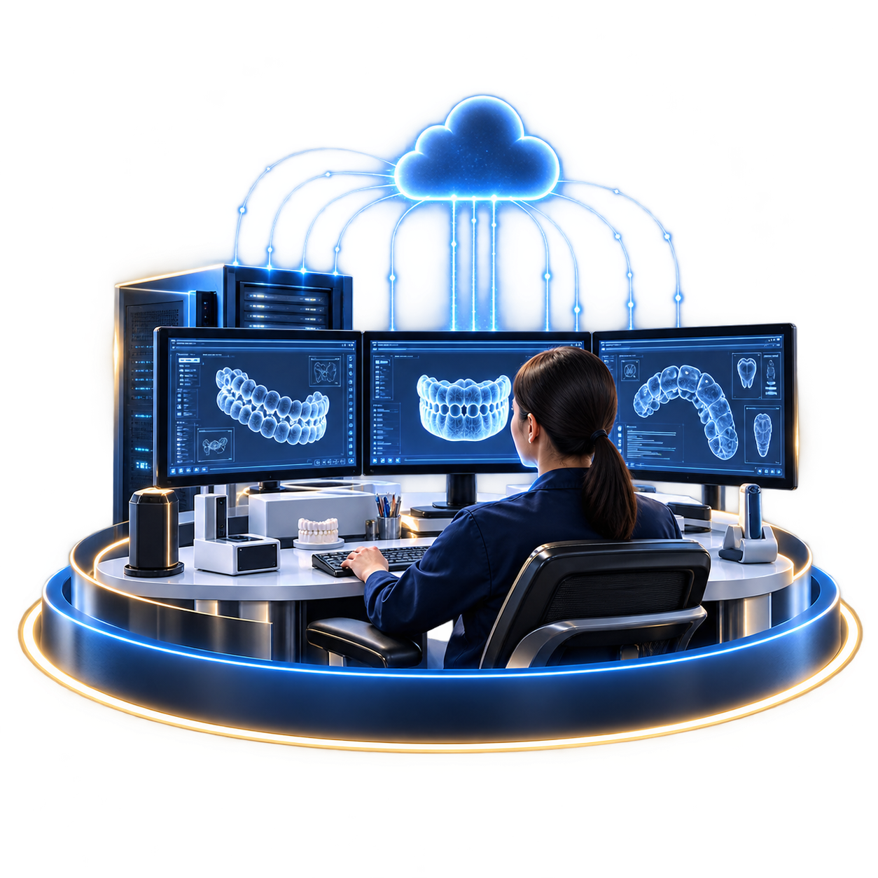 Digital dental design workstations connected to an AI cloud