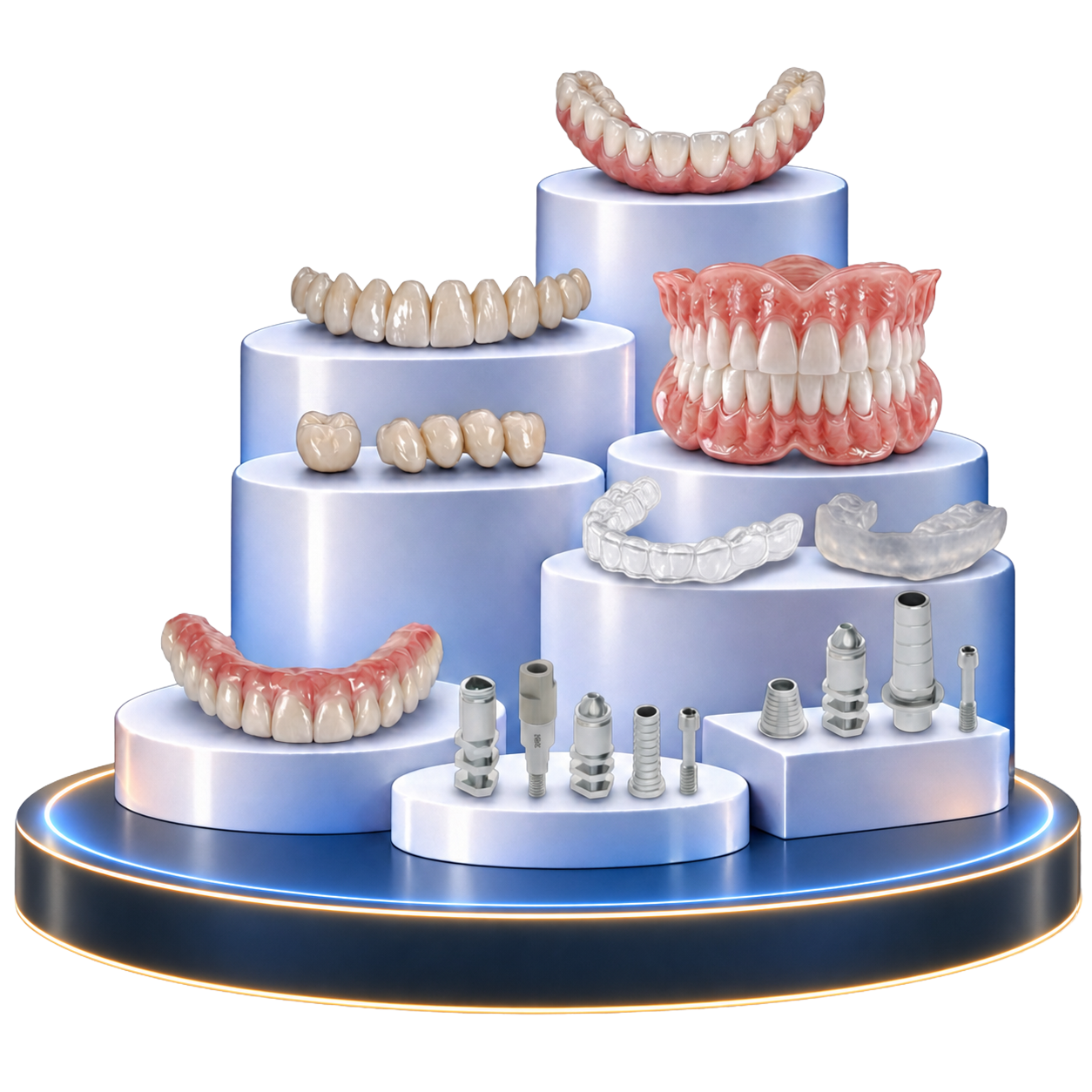 Clear aligners, restorations, performance appliances and implant components on display